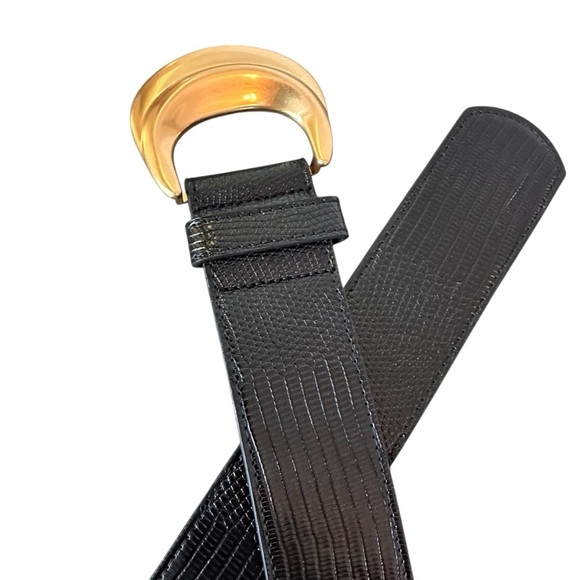 Sophisticated Black Textured Wide Leather Belt with Large Gold Buckle, Size 10 Sophisticated Black Textured Wide Leather Belt with Large  main image 2